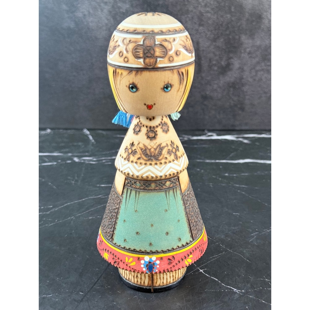 Vintage Mid-Century Salvo USSR Wood Doll Figurine Pyrography Hand Painted 7in
